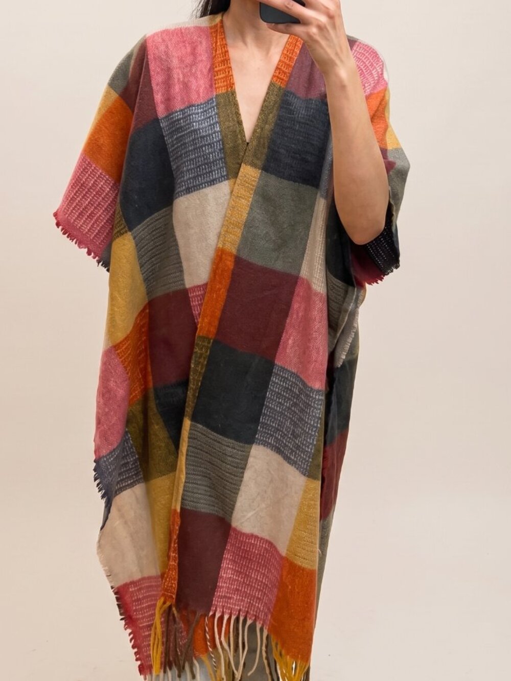Oversized Multicolor Plaid Fringe Poncho Shawl Wrap Cape